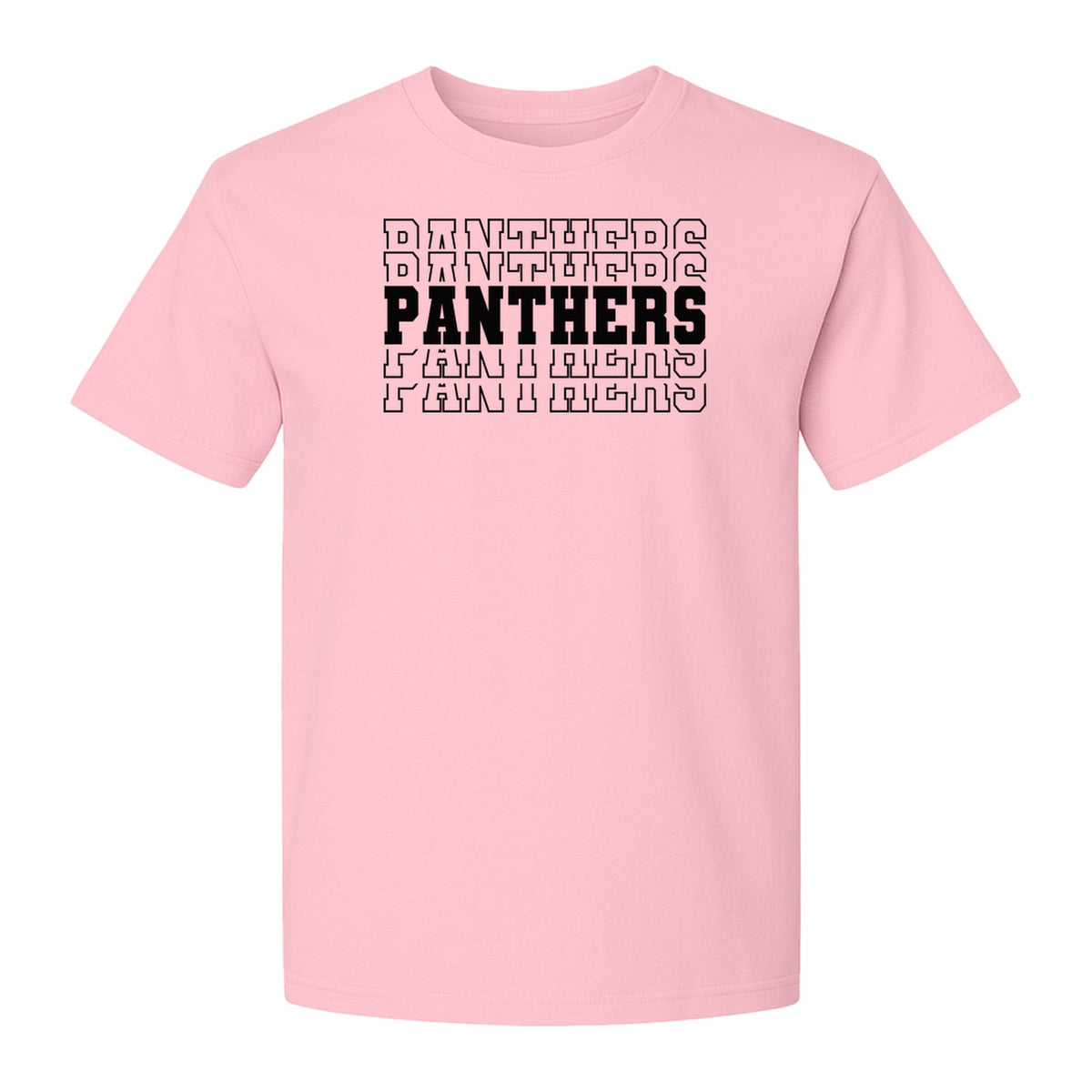 Panthers Mascot T-Shirt, Repeated Varsity Lettering School Spirit Design for Students and Alumni