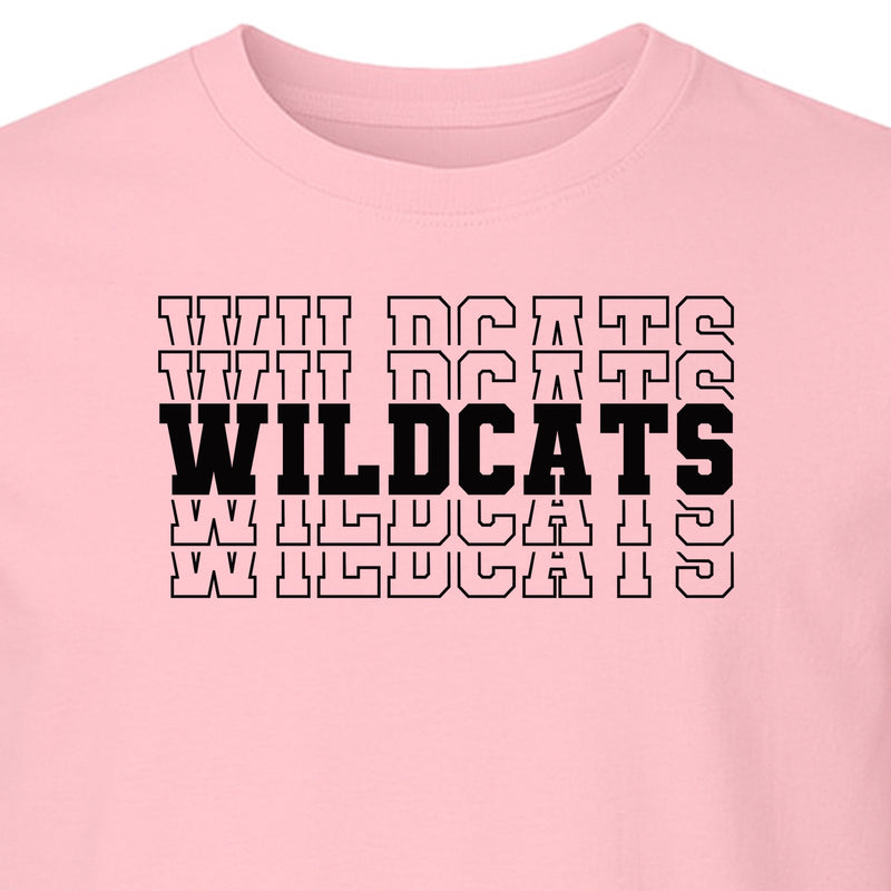 Wildcats Mascot T-Shirt, Repeated Collegiate Letter School Spirit Design for Students, Fans and Families