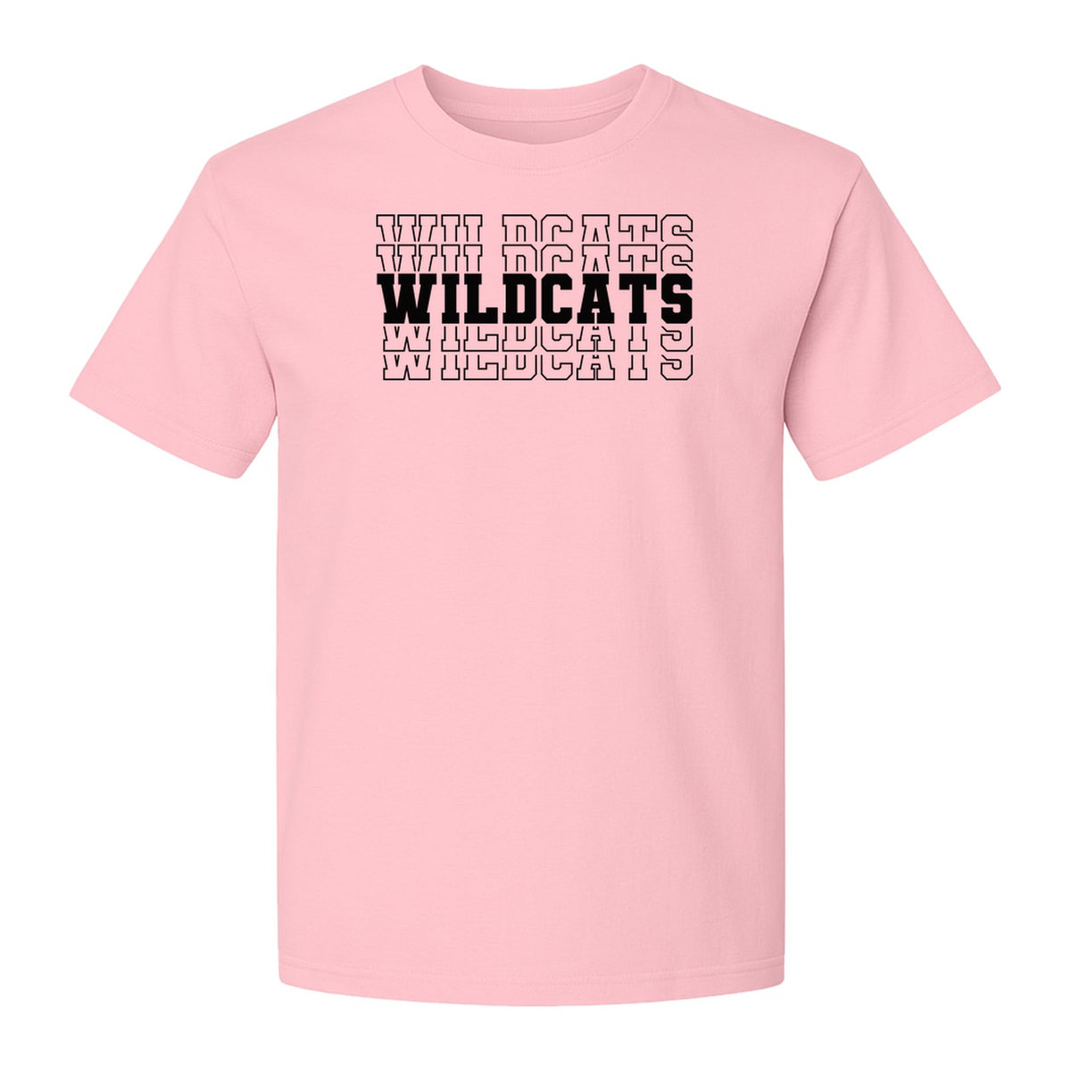 Wildcats Mascot T-Shirt, Repeated Collegiate Letter School Spirit Design for Students, Fans and Families