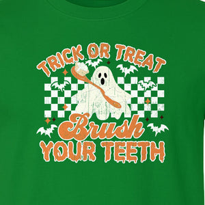 Halloween Dentist T-Shirt, Trick or Treat Brush Your Teeth Ghost Graphic for Dental Professionals