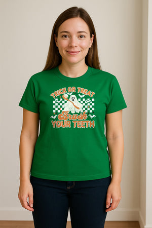 Halloween Dentist T-Shirt, Trick or Treat Brush Your Teeth Ghost Graphic for Dental Professionals
