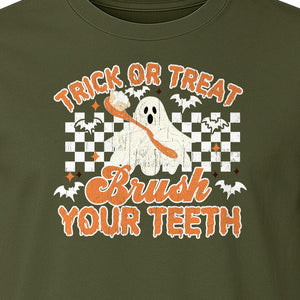 Halloween Dentist T-Shirt, Trick or Treat Brush Your Teeth Ghost Graphic for Dental Professionals