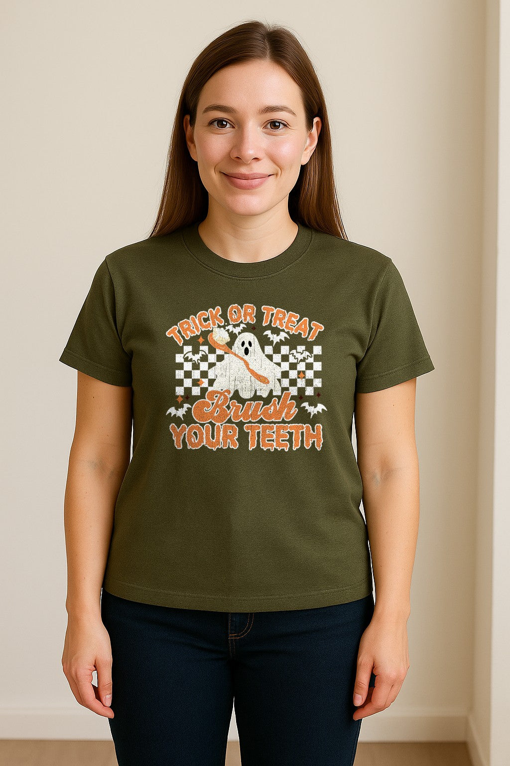 Halloween Dentist T-Shirt, Trick or Treat Brush Your Teeth Ghost Graphic for Dental Professionals