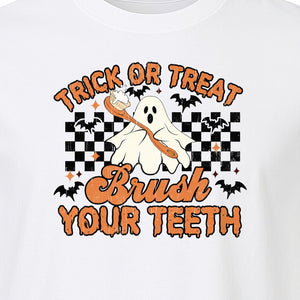 Halloween Dentist T-Shirt, Trick or Treat Brush Your Teeth Ghost Graphic for Dental Professionals