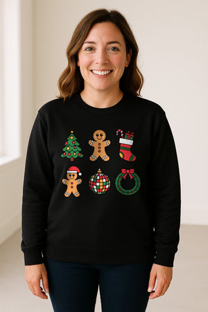 Coquette Christmas Sweatshirt, Holiday Tree, Gingerbread Cookies and Bow Wreath for Parties