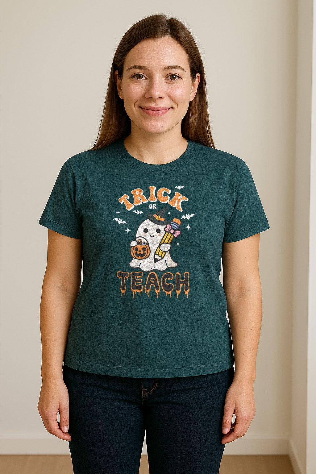 Teacher Halloween T-Shirt, Trick or Teach Ghost Design for Educators and Classroom Fall Gifts