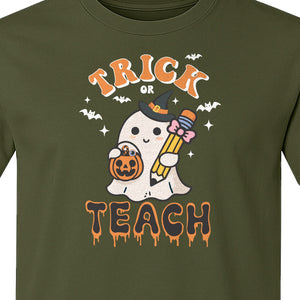 Teacher Halloween T-Shirt, Trick or Teach Ghost Design for Educators and Classroom Fall Gifts