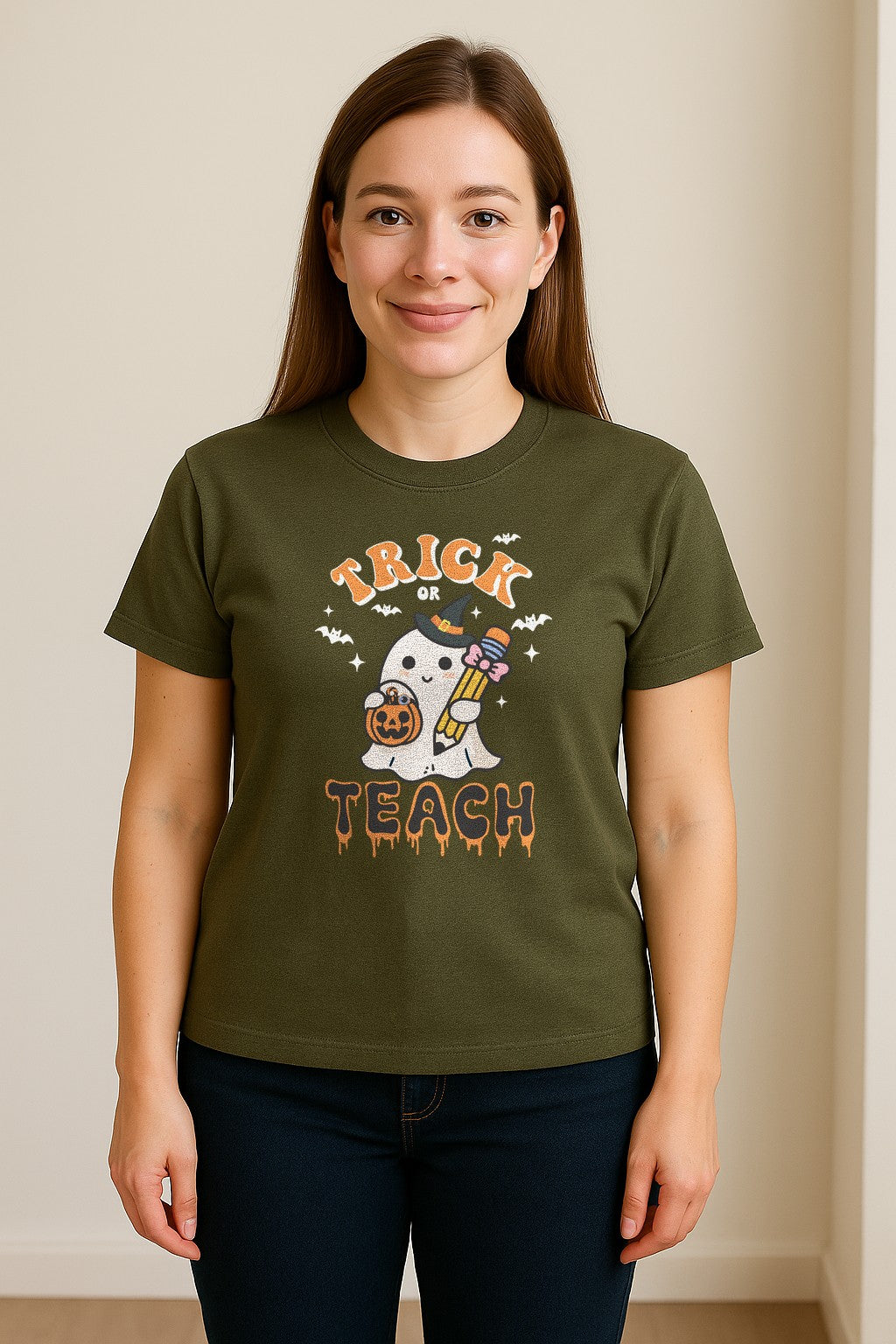 Teacher Halloween T-Shirt, Trick or Teach Ghost Design for Educators and Classroom Fall Gifts