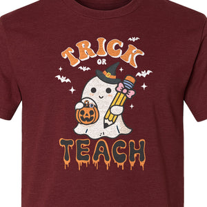 Teacher Halloween T-Shirt, Trick or Teach Ghost Design for Educators and Classroom Fall Gifts