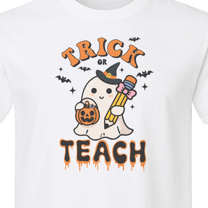 Teacher Halloween T-Shirt, Trick or Teach Ghost Design for Educators and Classroom Fall Gifts