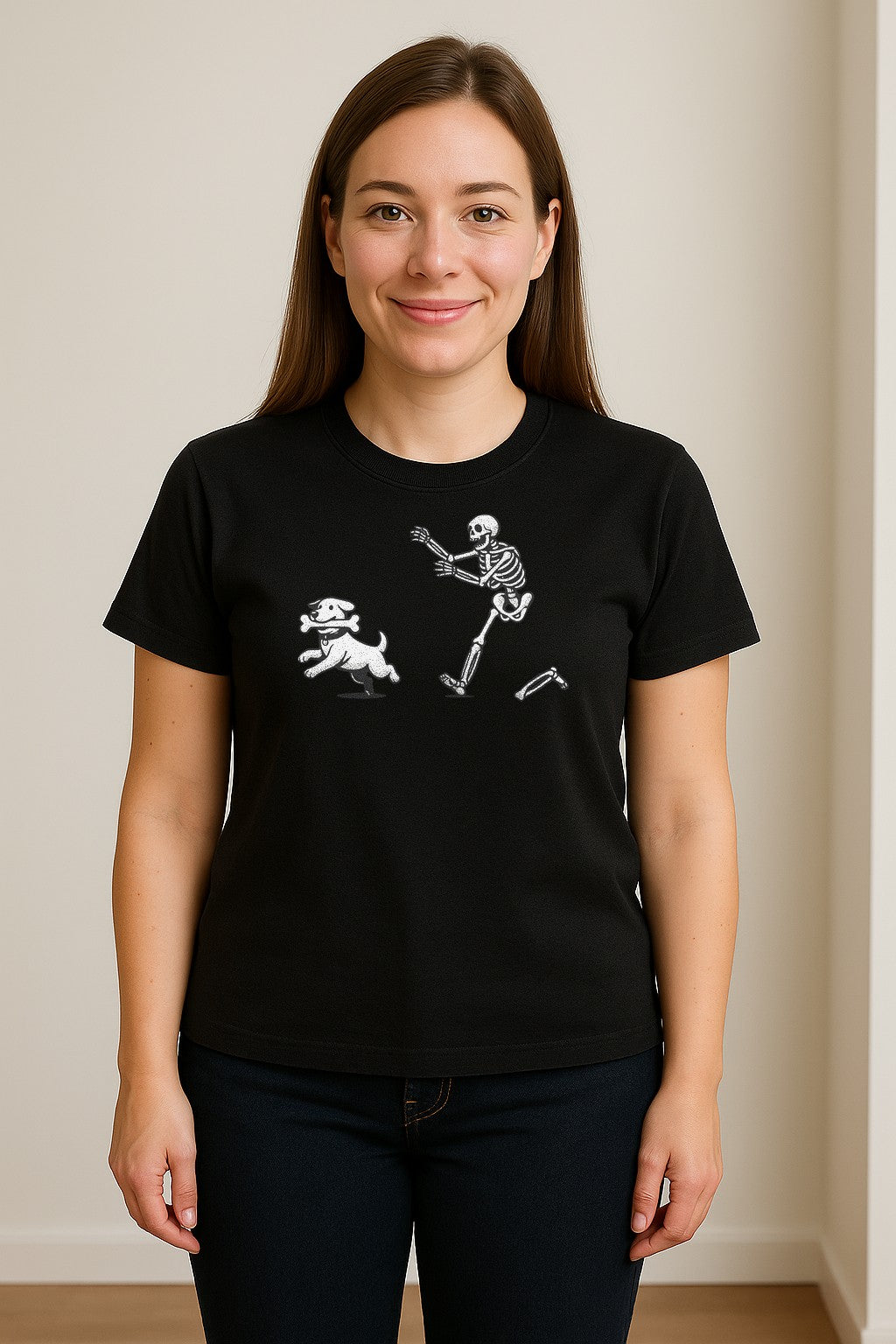 Halloween Dog T-Shirt, Funny Skeleton Chasing Pup Graphic for Pet Lovers and Spooky Season