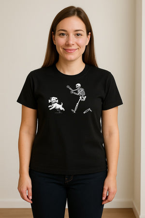 Halloween Dog T-Shirt, Funny Skeleton Chasing Pup Graphic for Pet Lovers and Spooky Season