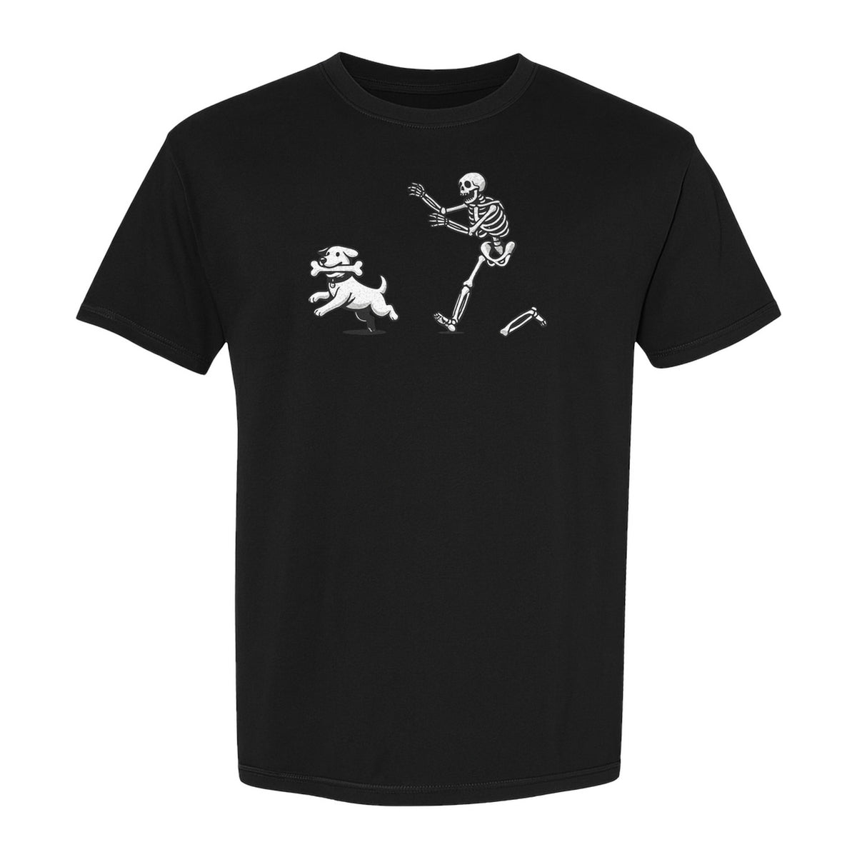 Halloween Dog T-Shirt, Funny Skeleton Chasing Pup Graphic for Pet Lovers and Spooky Season