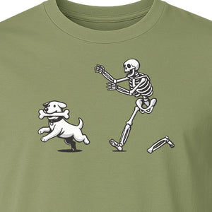 Halloween Dog T-Shirt, Funny Skeleton Chasing Pup Graphic for Pet Lovers and Spooky Season
