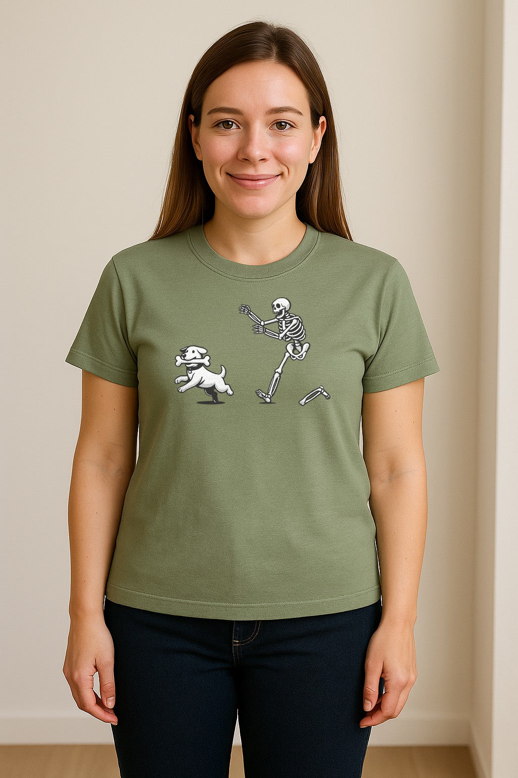 Halloween Dog T-Shirt, Funny Skeleton Chasing Pup Graphic for Pet Lovers and Spooky Season