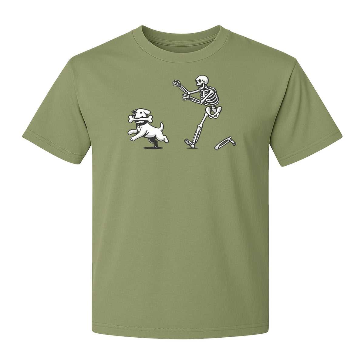 Halloween Dog T-Shirt, Funny Skeleton Chasing Pup Graphic for Pet Lovers and Spooky Season
