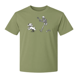 Halloween Dog T-Shirt, Funny Skeleton Chasing Pup Graphic for Pet Lovers and Spooky Season
