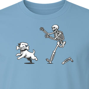 Halloween Dog T-Shirt, Funny Skeleton Chasing Pup Graphic for Pet Lovers and Spooky Season