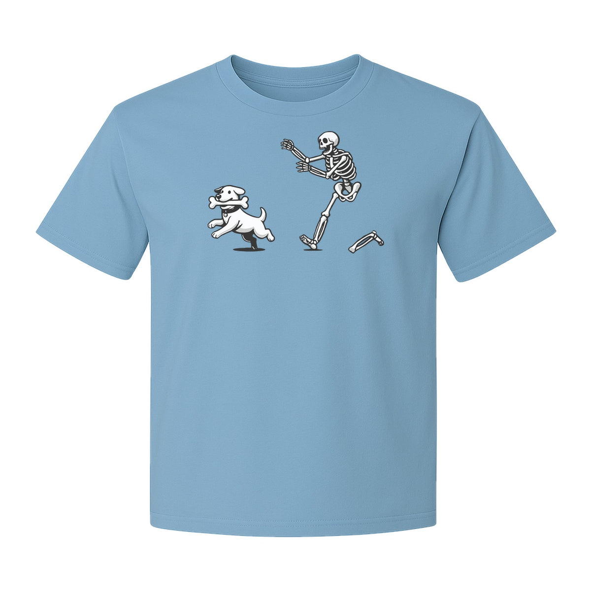 Halloween Dog T-Shirt, Funny Skeleton Chasing Pup Graphic for Pet Lovers and Spooky Season