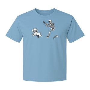 Halloween Dog T-Shirt, Funny Skeleton Chasing Pup Graphic for Pet Lovers and Spooky Season
