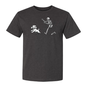 Halloween Dog T-Shirt, Funny Skeleton Chasing Pup Graphic for Pet Lovers and Spooky Season