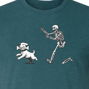 Halloween Dog T-Shirt, Funny Skeleton Chasing Pup Graphic for Pet Lovers and Spooky Season