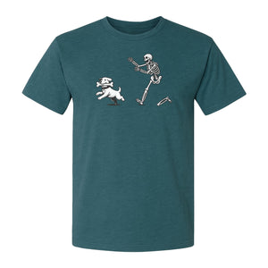 Halloween Dog T-Shirt, Funny Skeleton Chasing Pup Graphic for Pet Lovers and Spooky Season