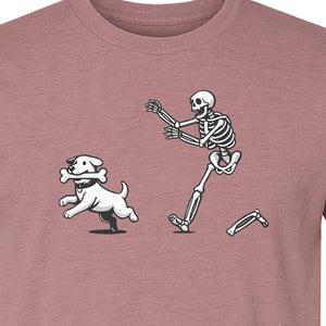 Halloween Dog T-Shirt, Funny Skeleton Chasing Pup Graphic for Pet Lovers and Spooky Season