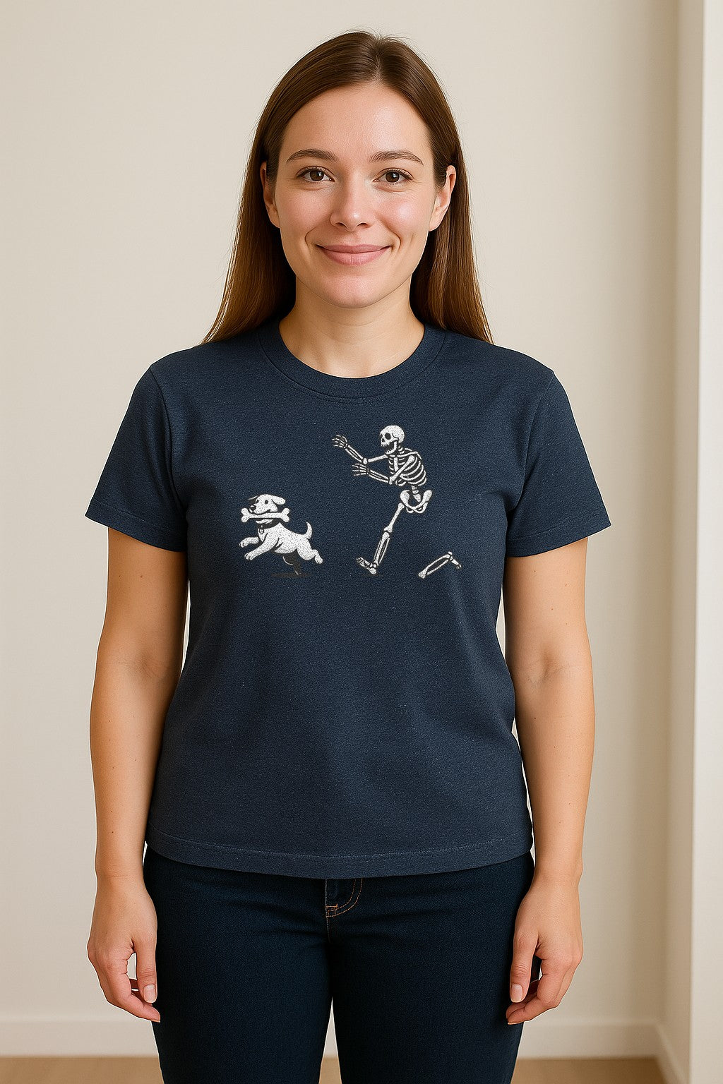 Halloween Dog T-Shirt, Funny Skeleton Chasing Pup Graphic for Pet Lovers and Spooky Season