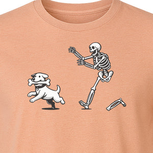 Halloween Dog T-Shirt, Funny Skeleton Chasing Pup Graphic for Pet Lovers and Spooky Season
