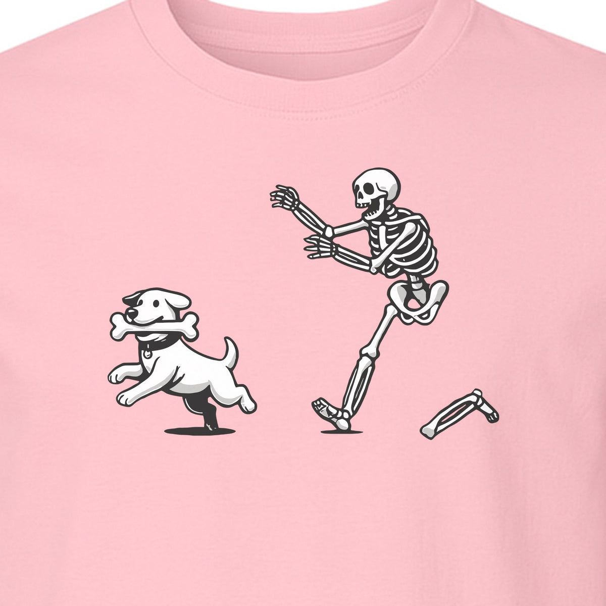 Halloween Dog T-Shirt, Funny Skeleton Chasing Pup Graphic for Pet Lovers and Spooky Season