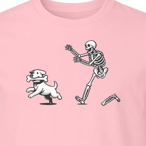 Halloween Dog T-Shirt, Funny Skeleton Chasing Pup Graphic for Pet Lovers and Spooky Season