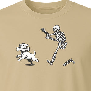 Halloween Dog T-Shirt, Funny Skeleton Chasing Pup Graphic for Pet Lovers and Spooky Season