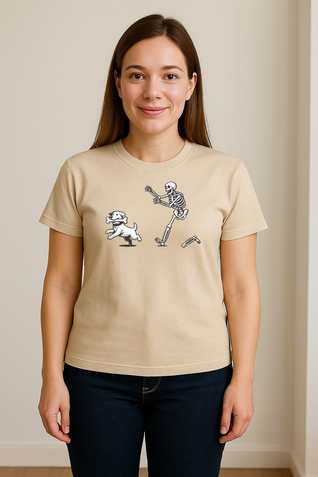 Halloween Dog T-Shirt, Funny Skeleton Chasing Pup Graphic for Pet Lovers and Spooky Season