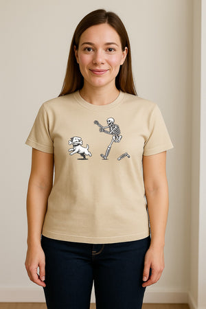 Halloween Dog T-Shirt, Funny Skeleton Chasing Pup Graphic for Pet Lovers and Spooky Season