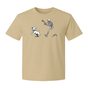 Halloween Dog T-Shirt, Funny Skeleton Chasing Pup Graphic for Pet Lovers and Spooky Season
