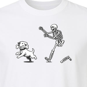 Halloween Dog T-Shirt, Funny Skeleton Chasing Pup Graphic for Pet Lovers and Spooky Season
