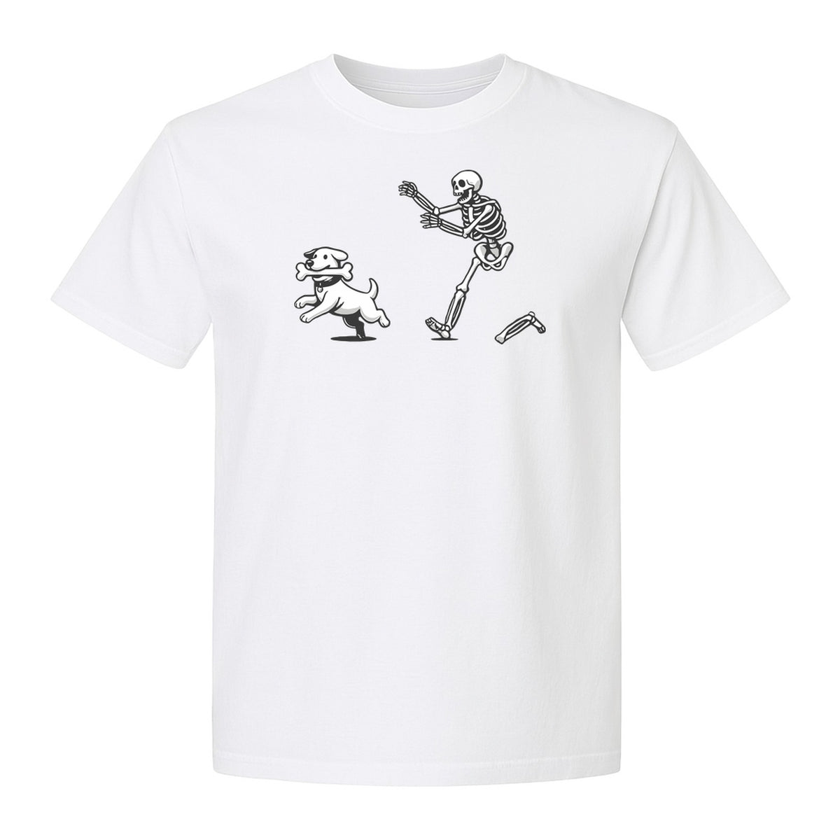 Halloween Dog T-Shirt, Funny Skeleton Chasing Pup Graphic for Pet Lovers and Spooky Season