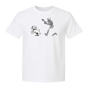 Halloween Dog T-Shirt, Funny Skeleton Chasing Pup Graphic for Pet Lovers and Spooky Season