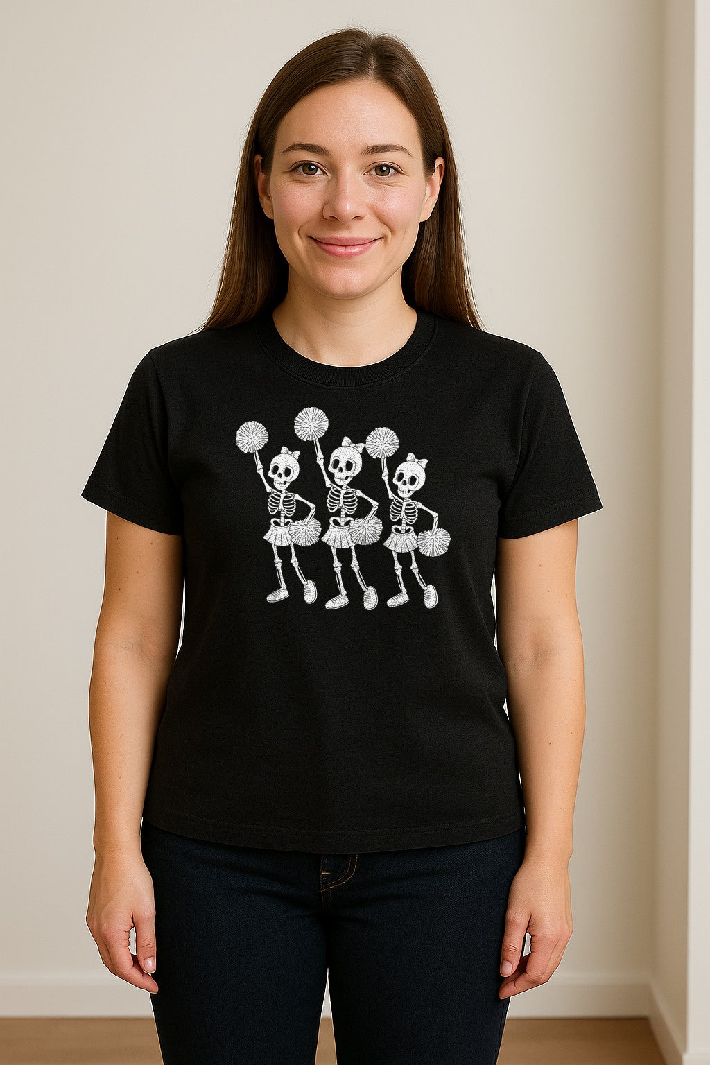 Skeleton Cheerleader T-Shirt, Spooky Halloween Spirit Squad Design for Cheer Moms