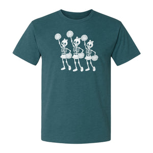 Skeleton Cheerleader T-Shirt, Spooky Halloween Spirit Squad Design for Cheer Moms