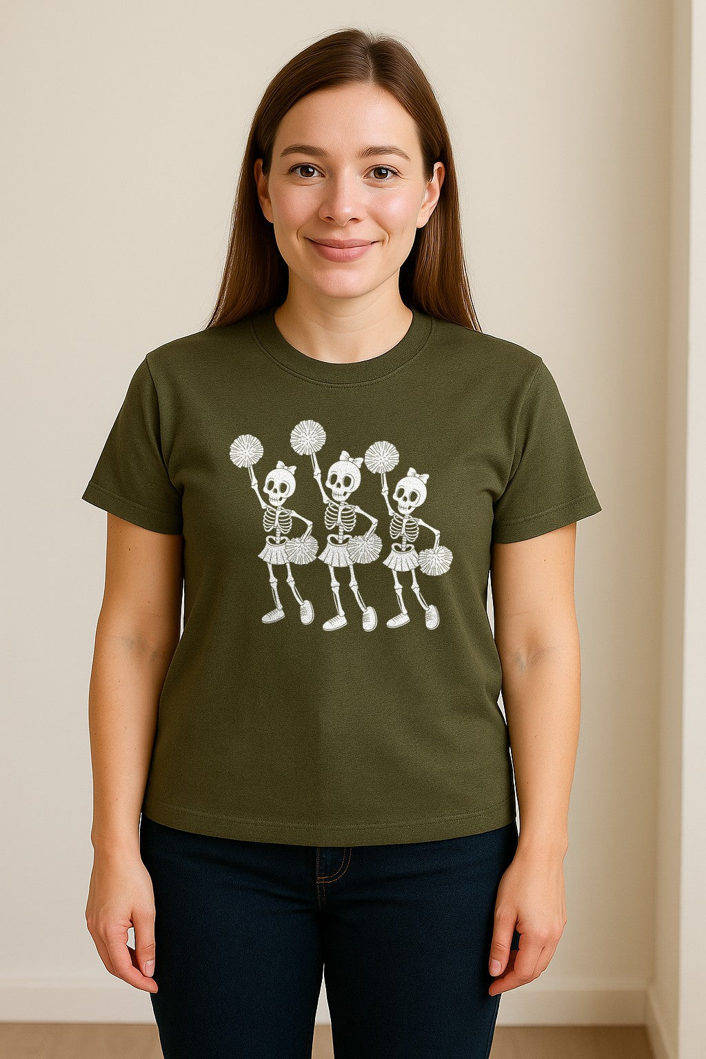 Skeleton Cheerleader T-Shirt, Spooky Halloween Spirit Squad Design for Cheer Moms