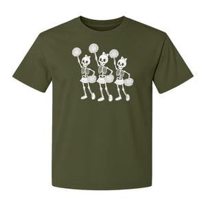 Skeleton Cheerleader T-Shirt, Spooky Halloween Spirit Squad Design for Cheer Moms