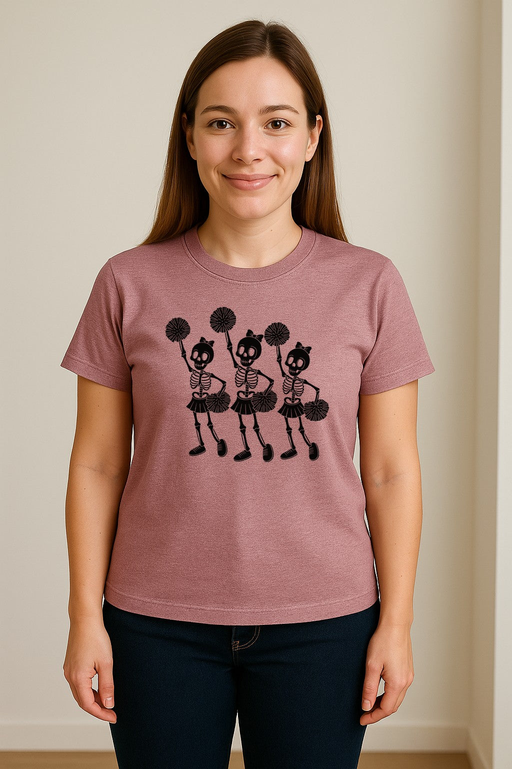 Skeleton Cheerleader T-Shirt, Spooky Halloween Spirit Squad Design for Cheer Moms
