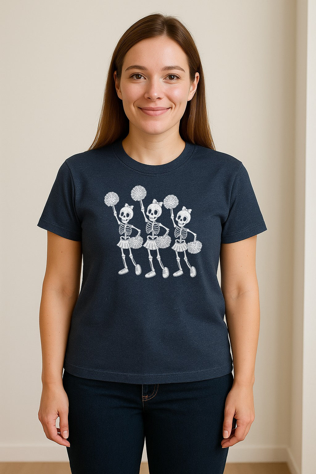 Skeleton Cheerleader T-Shirt, Spooky Halloween Spirit Squad Design for Cheer Moms