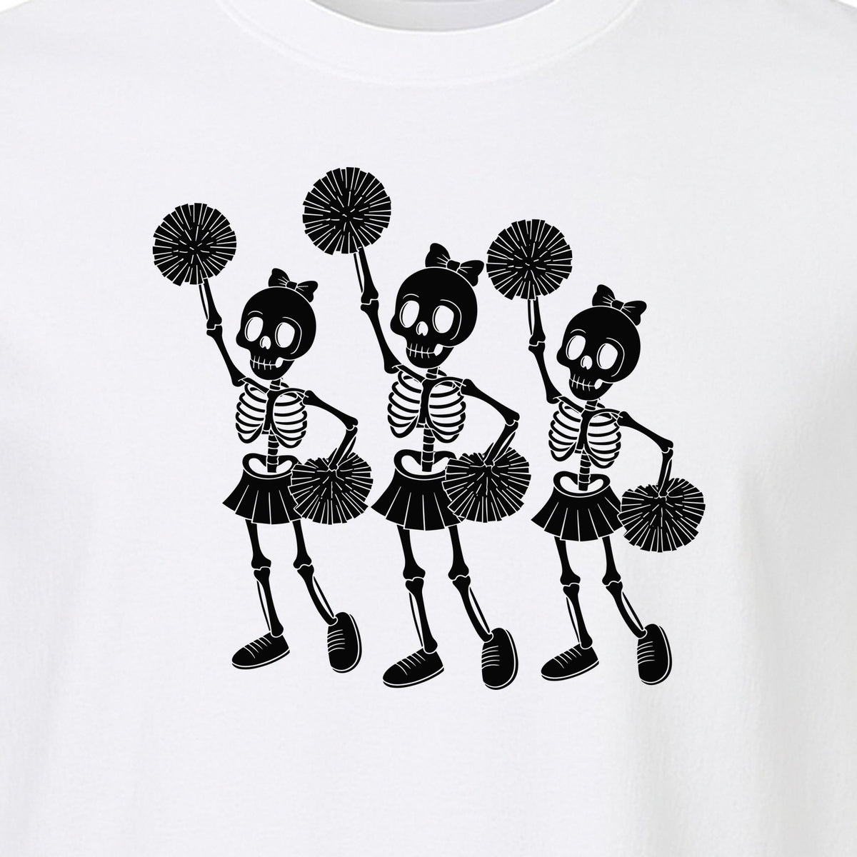 Skeleton Cheerleader T-Shirt, Spooky Halloween Spirit Squad Design for Cheer Moms
