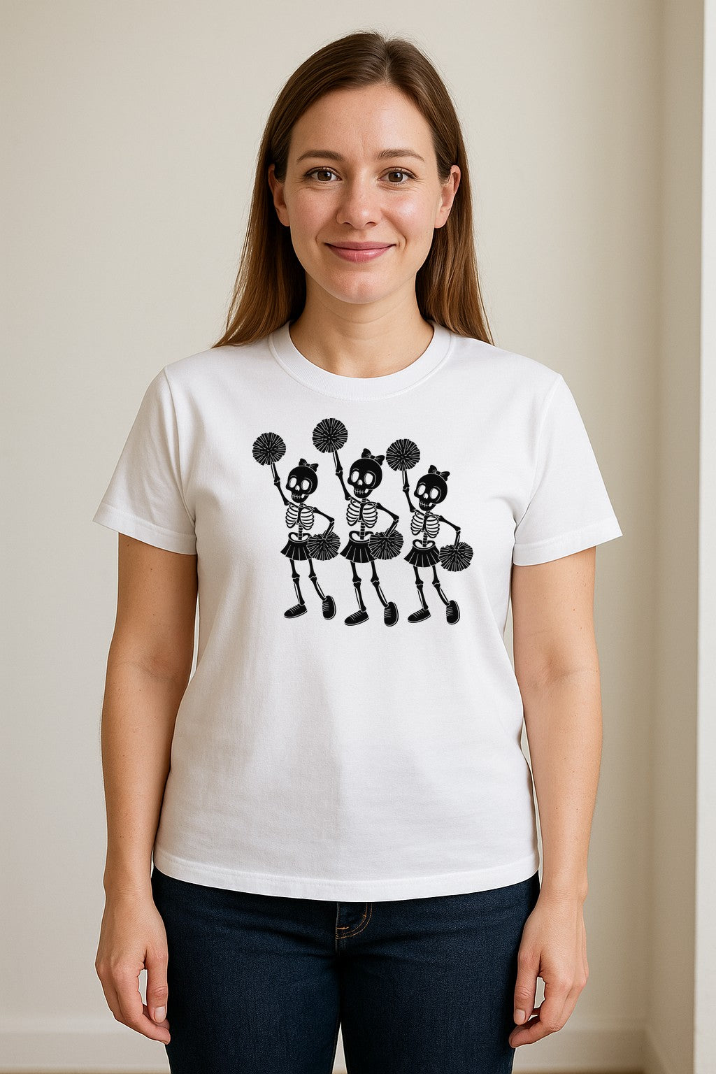 Skeleton Cheerleader T-Shirt, Spooky Halloween Spirit Squad Design for Cheer Moms