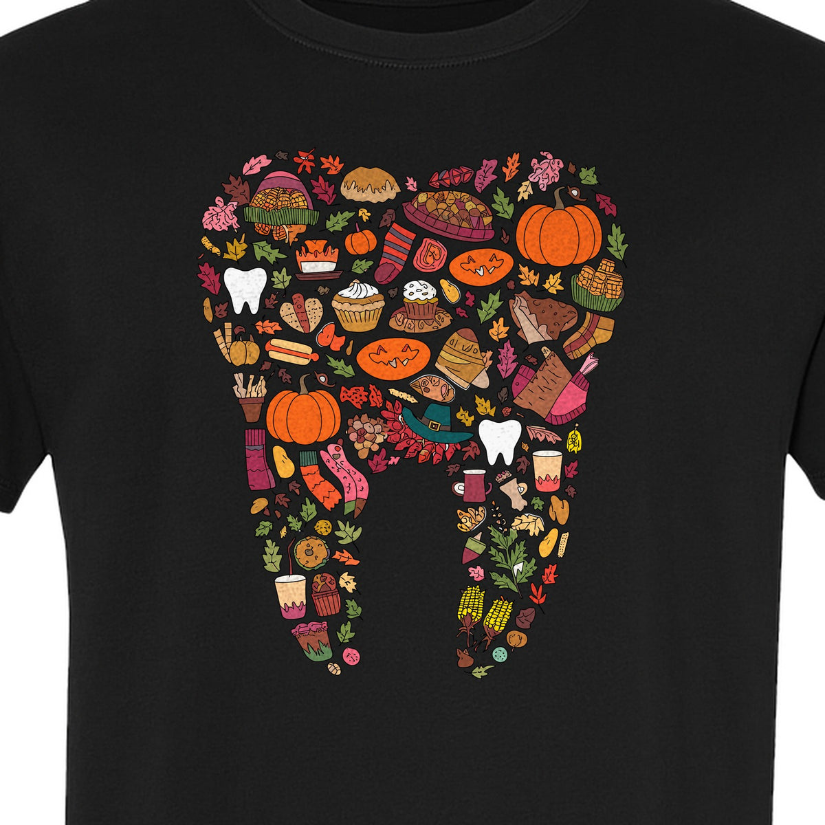Dentist T-Shirt, Autumn Tooth Collage Graphic Tee for Dental Professionals and Thanksgiving Gifts