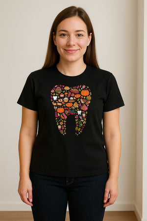 Dentist T-Shirt, Autumn Tooth Collage Graphic Tee for Dental Professionals and Thanksgiving Gifts