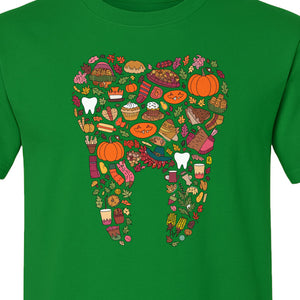 Dentist T-Shirt, Autumn Tooth Collage Graphic Tee for Dental Professionals and Thanksgiving Gifts